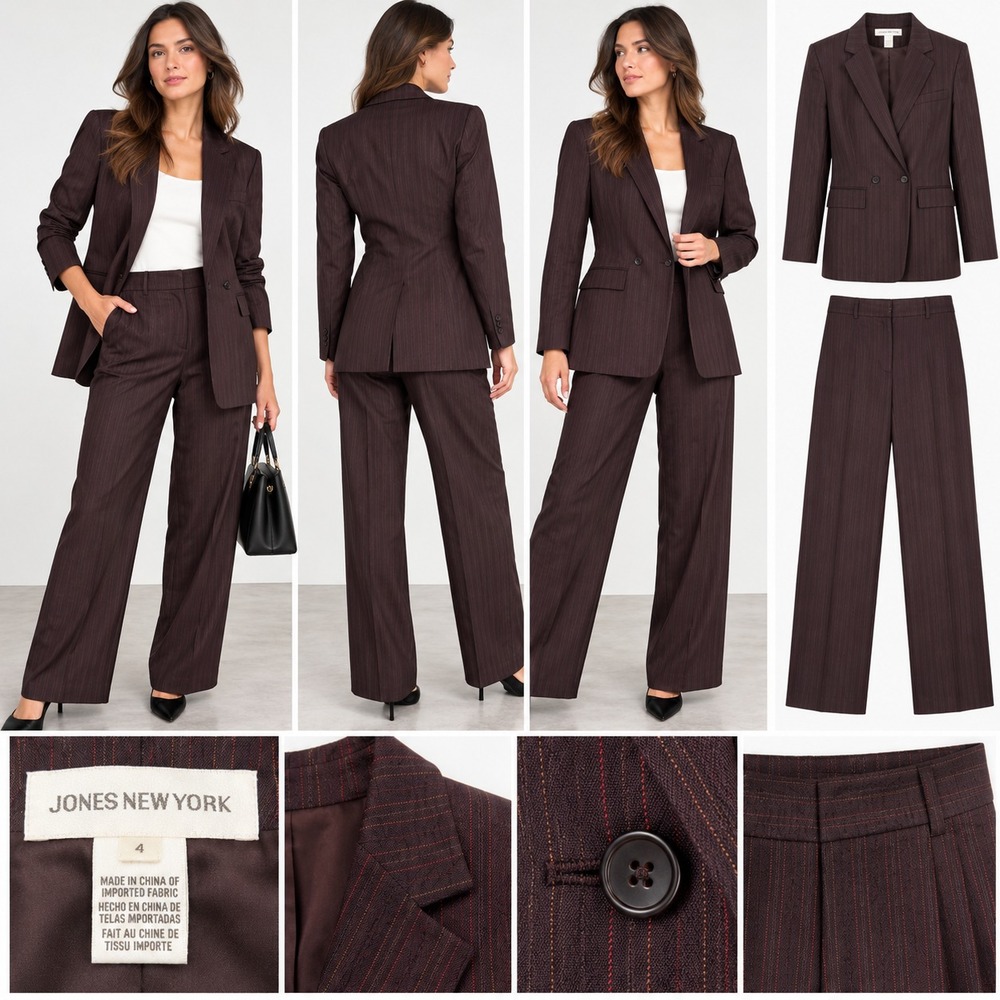 Jones NY 2-Piece Blazer & Pants Suit Set Women 4 26W Red Pinstripe Wool Blend